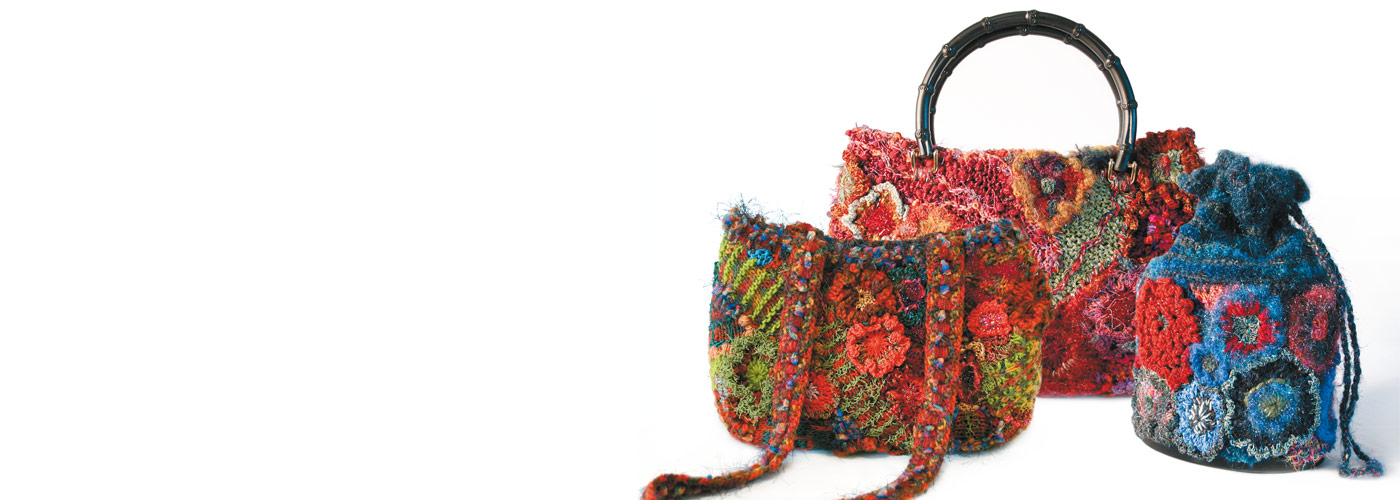 colourful handbags made from knitting and crochet